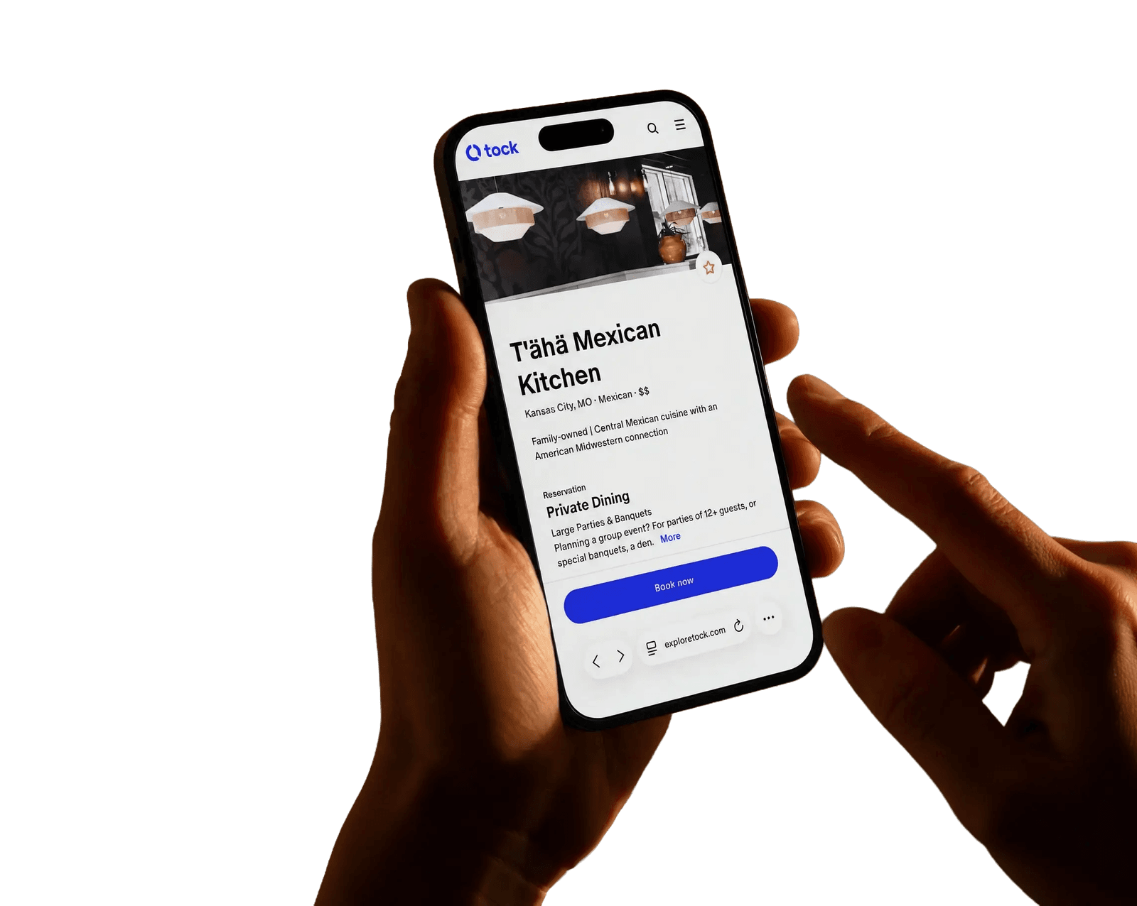 Hands holding a phone open on a restaurant reservation page